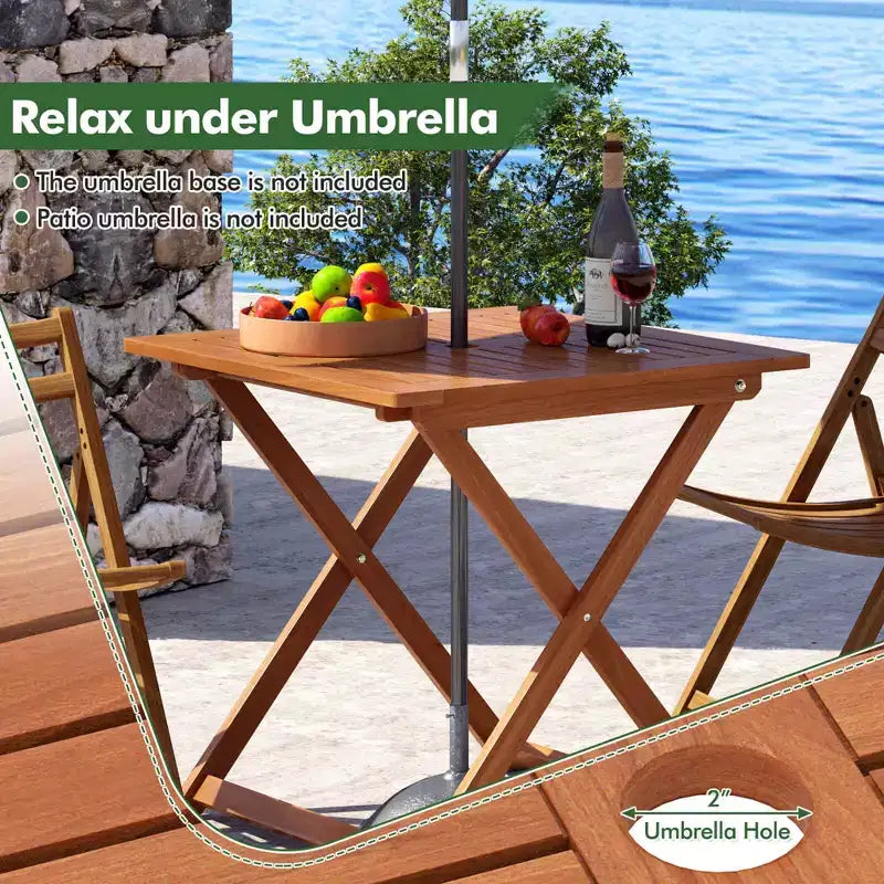 Tavolo da pranzo da esterno Costway 1/2 pz 29.5 x 29.5 con finitura effetto teak e 2 fori per ombrellone per balcone