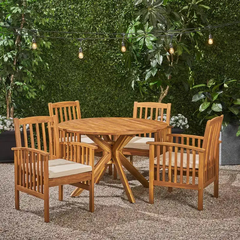 Christopher Knight Home Valence Set da Pranzo da Esterno a 5 Pezzi in Legno di Acacia con Cuscini Resistenti all'Acqua