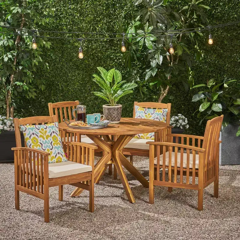 Christopher Knight Home Valence Set da Pranzo da Esterno a 5 Pezzi in Legno di Acacia con Cuscini Resistenti all'Acqua