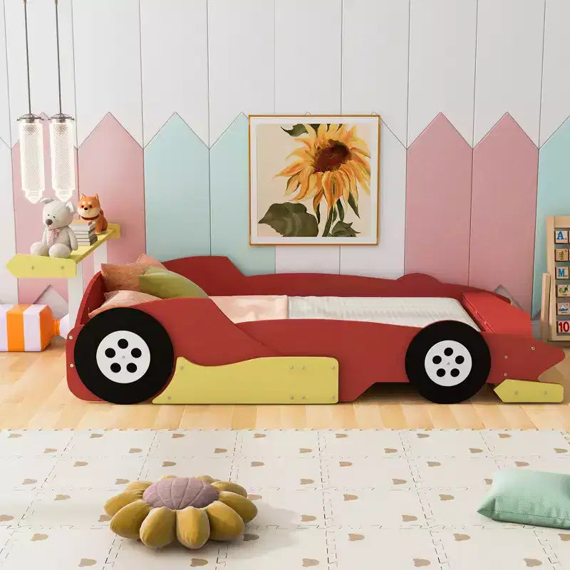 Whisen Letto a Piattaforma Unico a Forma di Auto da Corsa Dimensioni Matrimoniale con Ruote