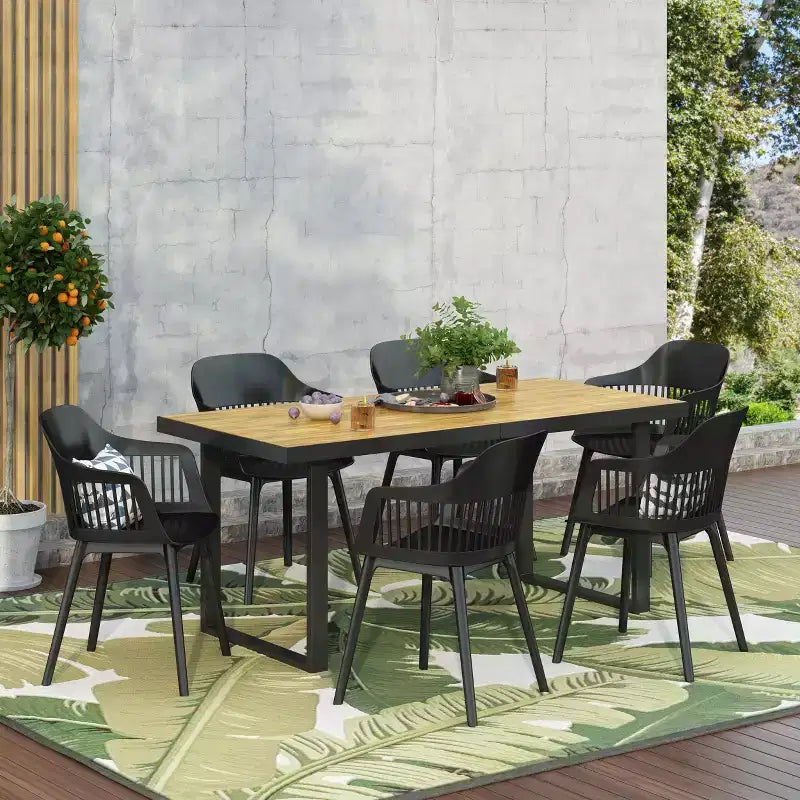 Christopher Knight Home Requeta Set da pranzo da esterno 7 pezzi in legno di acacia e resina con tavolo da pranzo da 70,25", nero/teak