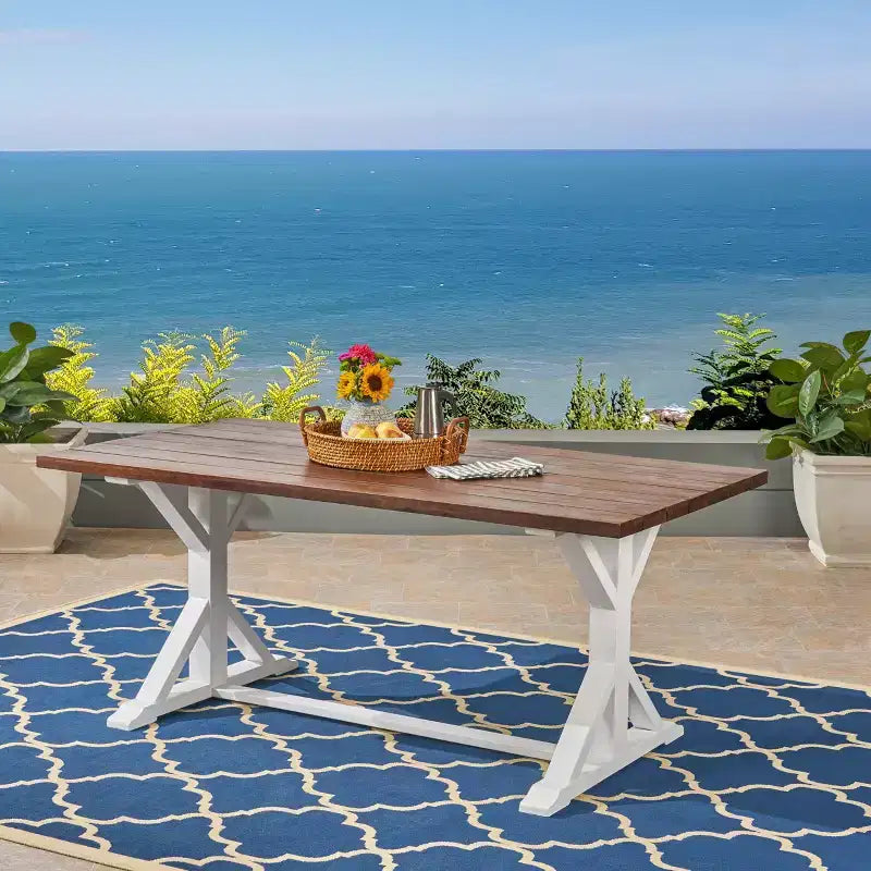 Christopher Knight Home Outdoor Acacia Wood Dining Table with Trestle Base, Dark Brown/White