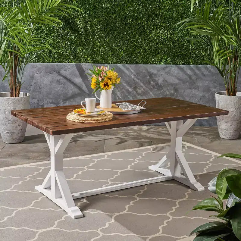 Christopher Knight Home Tavolo da pranzo in legno di acacia da esterno con base a cavalletto, marrone scuro/bianco