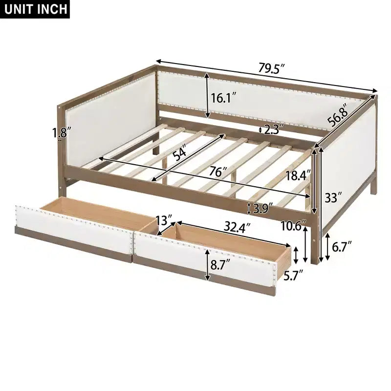 Letto a una piazza e mezza imbottito con letto estraibile e decorazione con borchie