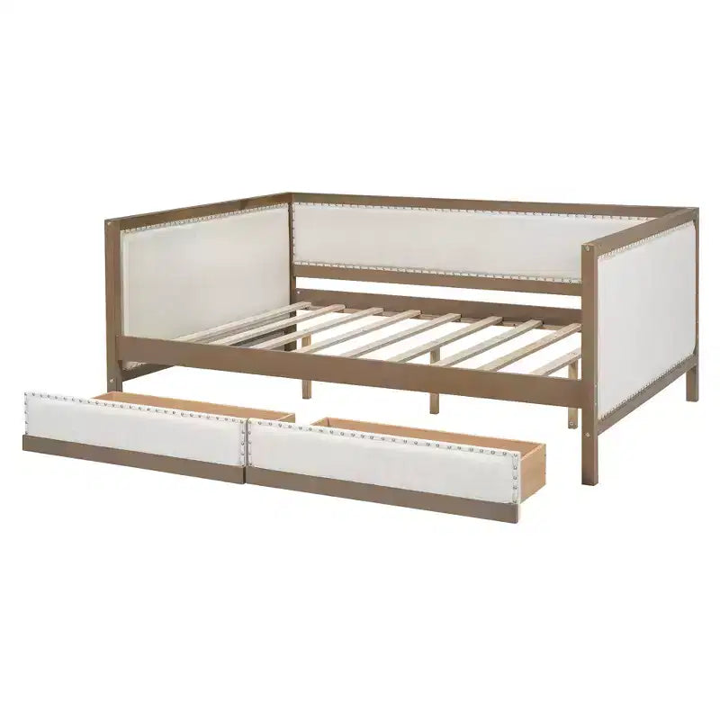 Letto a una piazza e mezza imbottito con letto estraibile e decorazione con borchie
