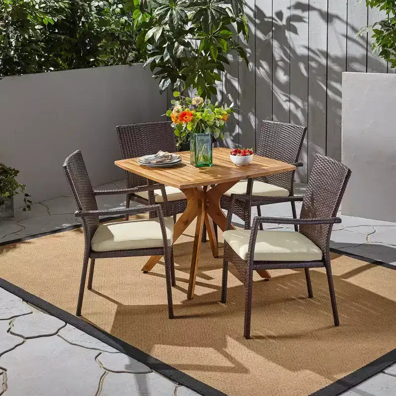 Christopher Knight Home Didicas Set da Pranzo da 5 Pezzi per Esterni in Legno di Acacia e Vimini con Cuscini, Teak/Marrone Multitono