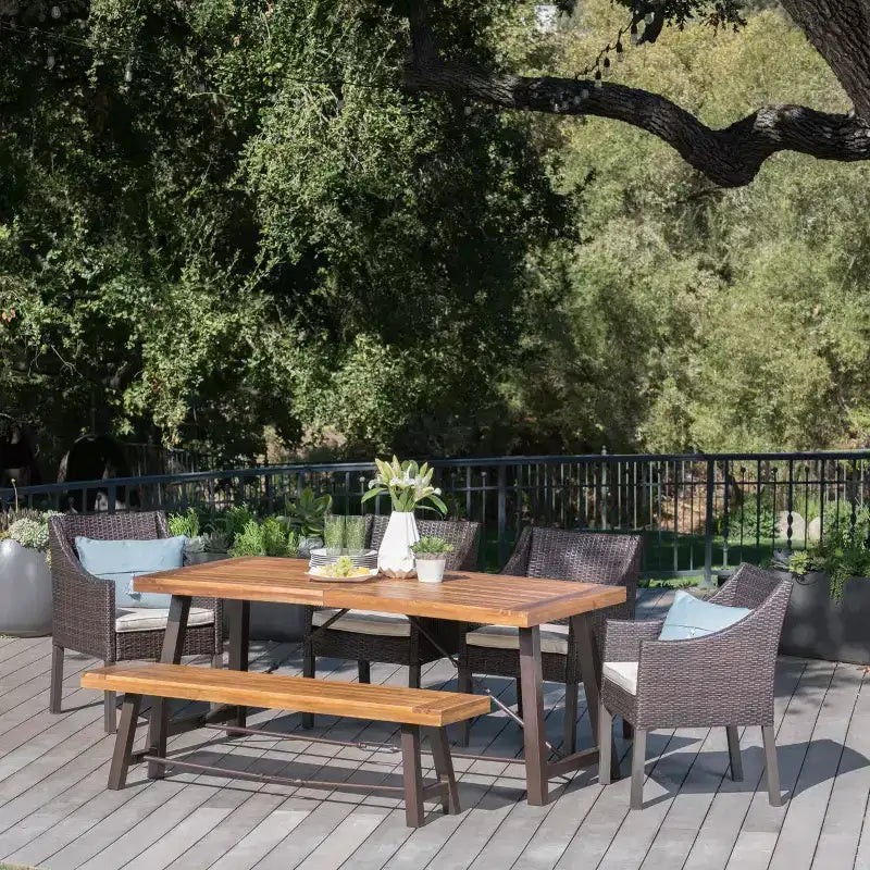 Christopher Knight Home Boland Set da Pranzo da Esterno di 6 Pezzi in Vimini e Legno di Acacia con Panca, Teak/Marrone Multitonale