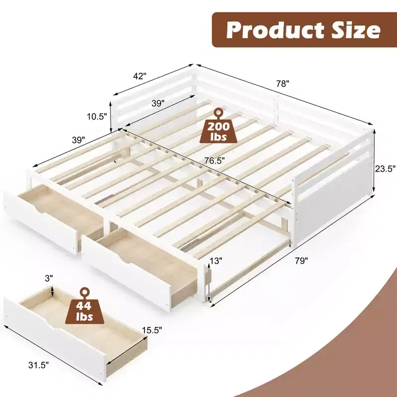 Costway Divano Letto Trasformabile da Singolo a Matrimoniale con 2 Cassetti, Struttura in Legno, per Camera da Letto e Soggiorno, Bianco/Ciliegio