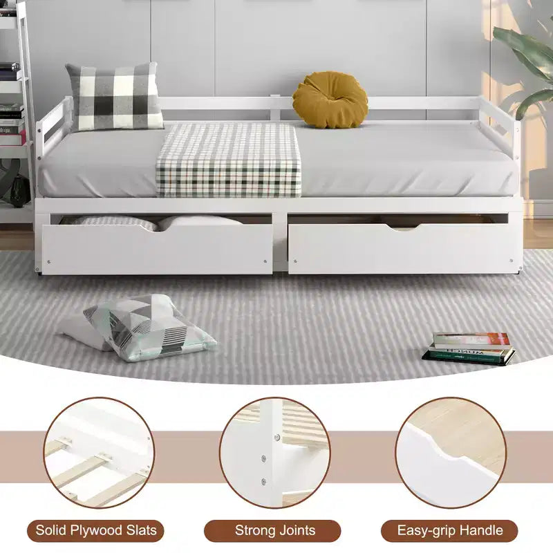 Costway Divano Letto Trasformabile da Singolo a Matrimoniale con 2 Cassetti, Struttura in Legno, per Camera da Letto e Soggiorno, Bianco/Ciliegio
