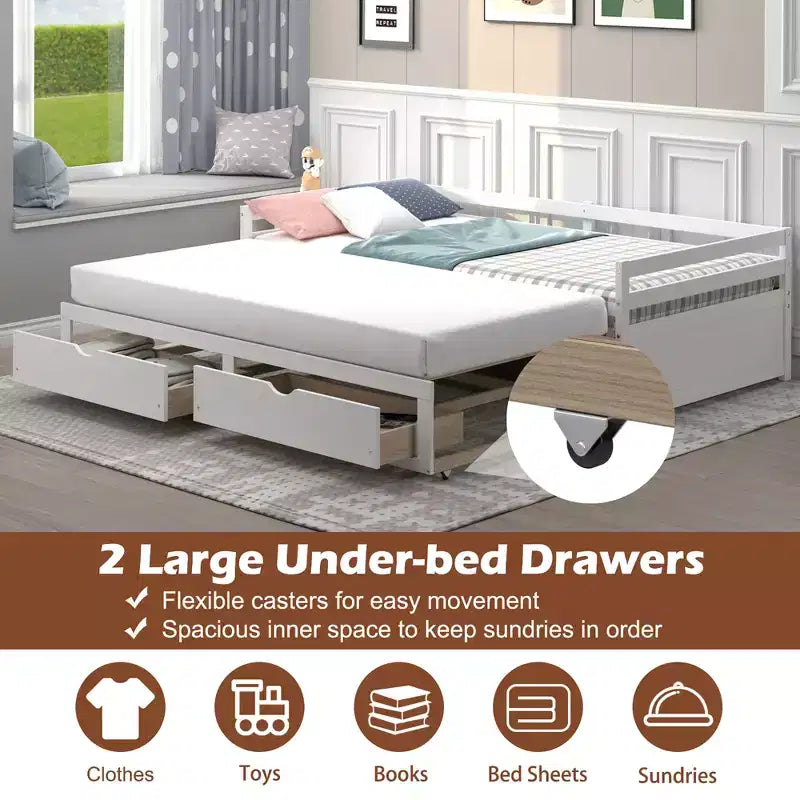 Costway Divano Letto Trasformabile da Singolo a Matrimoniale con 2 Cassetti, Struttura in Legno, per Camera da Letto e Soggiorno, Bianco/Ciliegio
