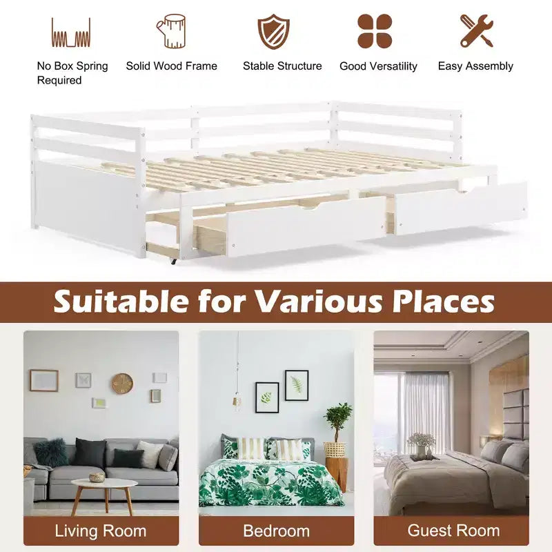Costway Divano Letto Trasformabile da Singolo a Matrimoniale con 2 Cassetti, Struttura in Legno, per Camera da Letto e Soggiorno, Bianco/Ciliegio