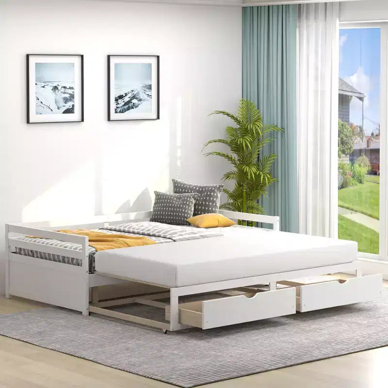 Costway Divano Letto Trasformabile da Singolo a Matrimoniale con 2 Cassetti, Struttura in Legno, per Camera da Letto e Soggiorno, Bianco/Ciliegio