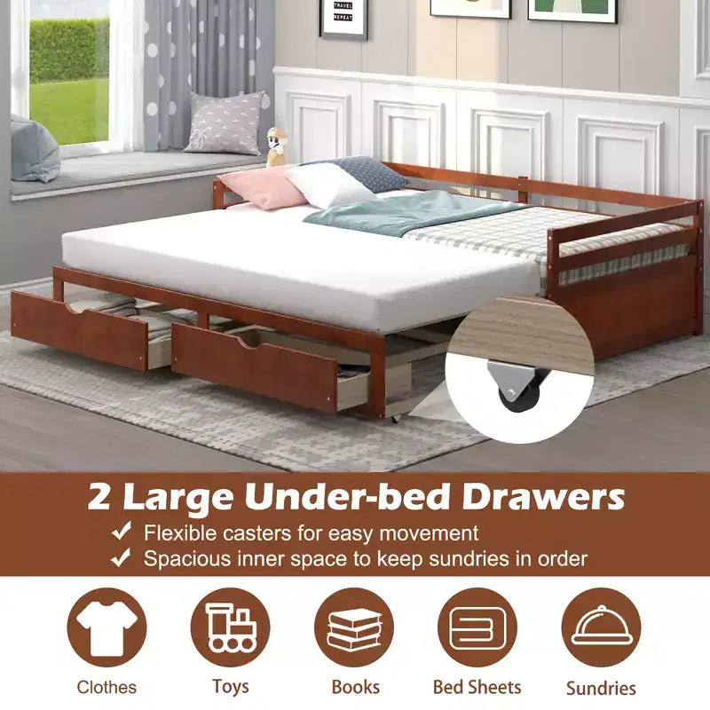 Costway Divano Letto Trasformabile da Singolo a Matrimoniale con 2 Cassetti, Struttura in Legno, per Camera da Letto e Soggiorno, Bianco/Ciliegio