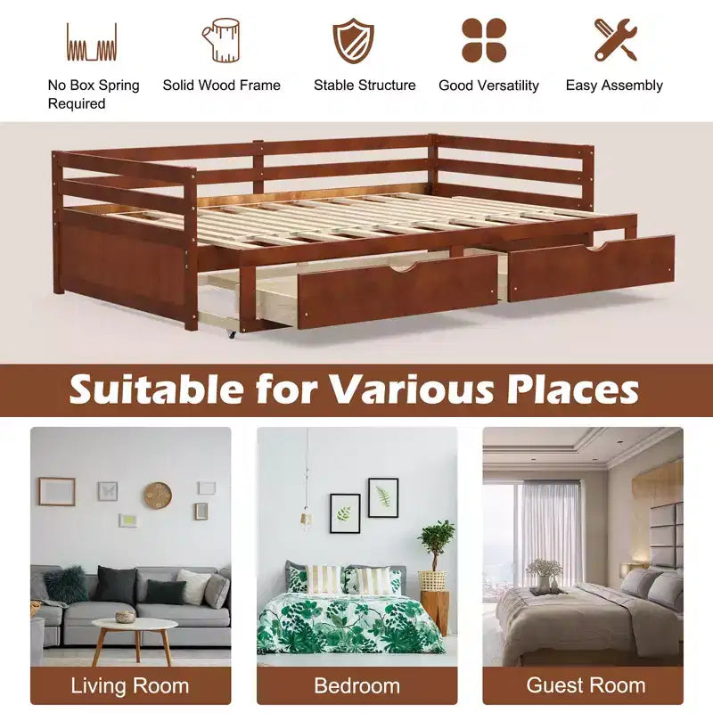 Costway Divano Letto Trasformabile da Singolo a Matrimoniale con 2 Cassetti, Struttura in Legno, per Camera da Letto e Soggiorno, Bianco/Ciliegio