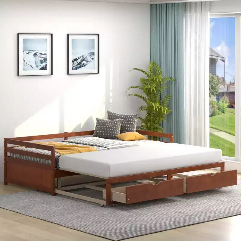 Costway Divano Letto Trasformabile da Singolo a Matrimoniale con 2 Cassetti, Struttura in Legno, per Camera da Letto e Soggiorno, Bianco/Ciliegio