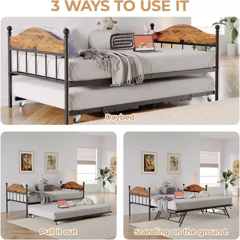 Divano letto a giorno gemello con letto estraibile Elegante telaio in metallo, letto a rotelle sollevabile, perfetto per qualsiasi ambiente