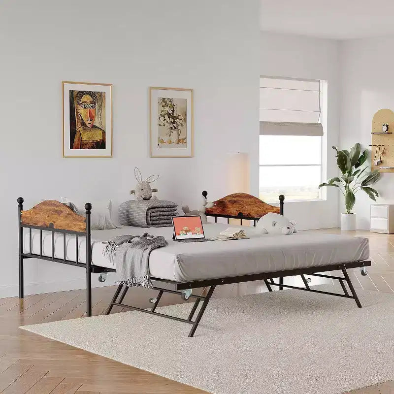Divano letto a giorno gemello con letto estraibile Elegante telaio in metallo, letto a rotelle sollevabile, perfetto per qualsiasi ambiente