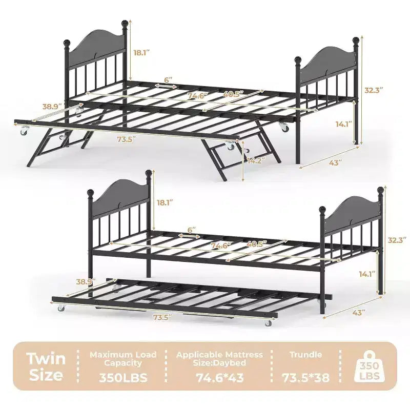 Divano letto a giorno gemello con letto estraibile Elegante telaio in metallo, letto a rotelle sollevabile, perfetto per qualsiasi ambiente