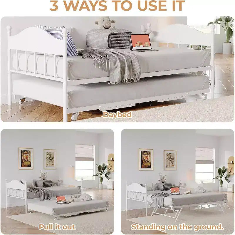 Divano letto a giorno gemello con letto estraibile Elegante telaio in metallo, letto a rotelle sollevabile, perfetto per qualsiasi ambiente