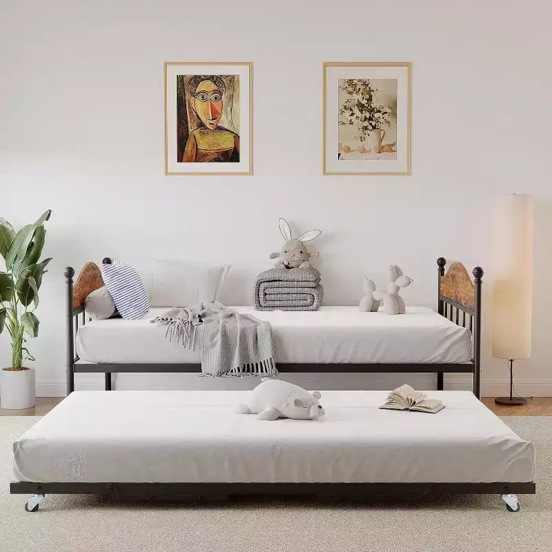 Divano letto a giorno gemello con letto estraibile Elegante telaio in metallo, letto a rotelle sollevabile, perfetto per qualsiasi ambiente