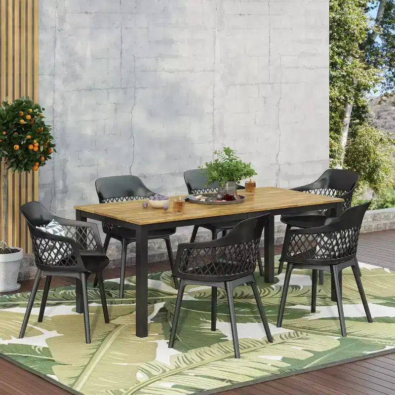 GDFStudio Miramar Set da pranzo da esterno a 7 pezzi in resina di polipropilene e legno di acacia con tavolo da 70, nero e teak