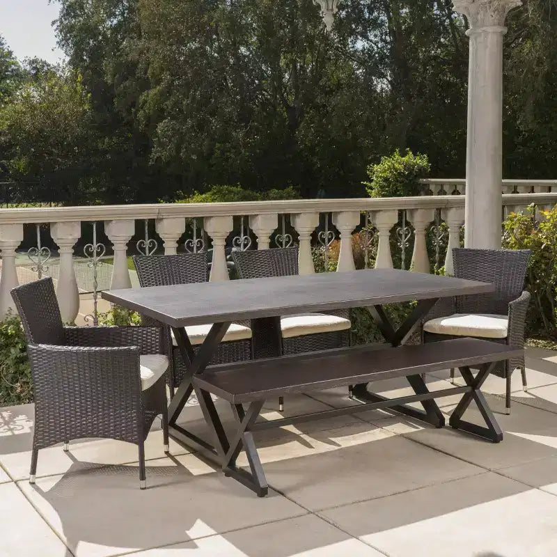 Christopher Knight Home Absher Set da pranzo da esterno a 6 pezzi in vimini e alluminio con panca