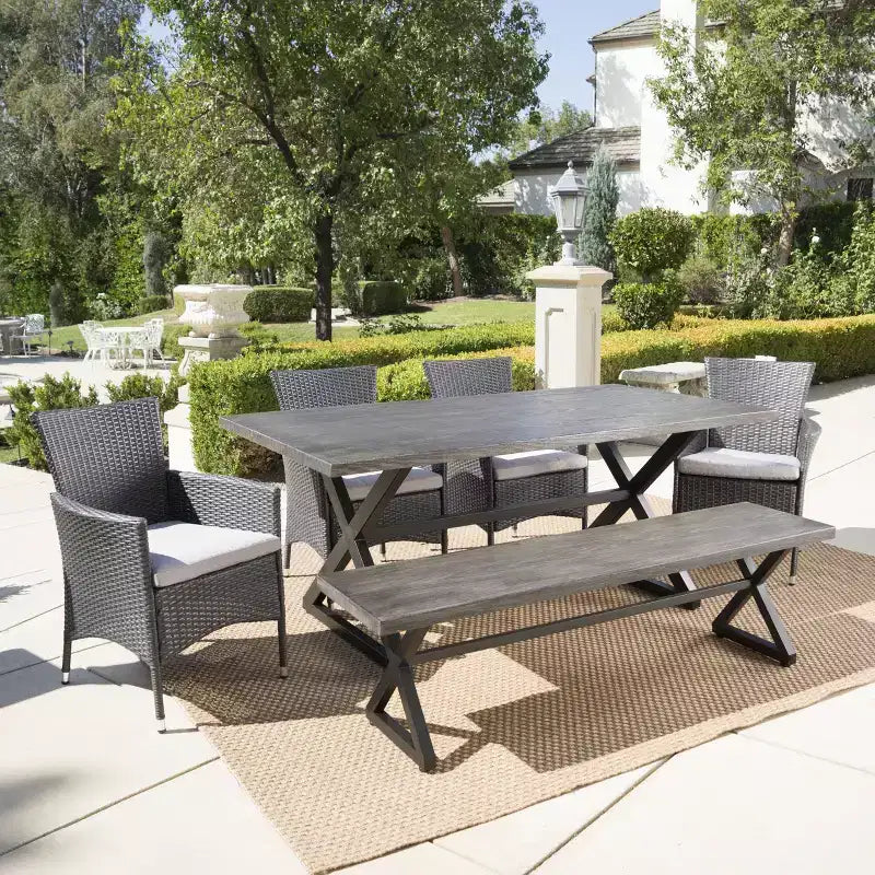 Christopher Knight Home Absher Set da pranzo da esterno a 6 pezzi in vimini e alluminio con panca