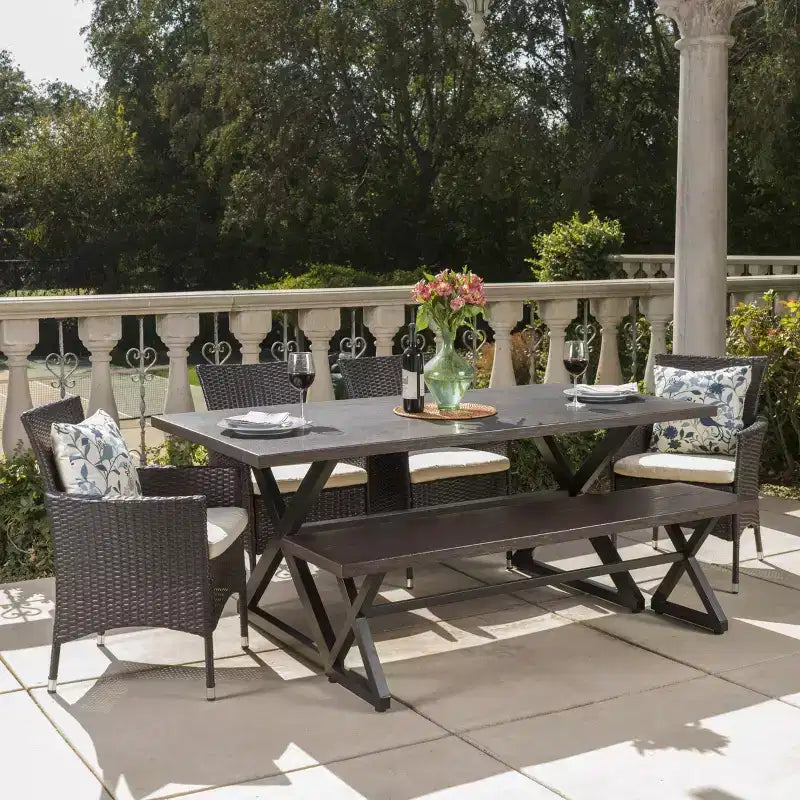 Christopher Knight Home Absher Set da pranzo da esterno a 6 pezzi in vimini e alluminio con panca