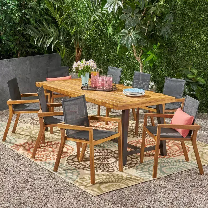 Christopher Knight Home Claude Set da pranzo da esterno 9 pezzi in rete e legno di acacia con tavolo da 79