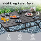 Set da pranzo da patio Captiva Designs con tavolo in acciaio a doghe e sedie in metallo con cuscini