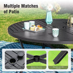 Set da pranzo da patio Captiva Designs con tavolo in acciaio a doghe e sedie in metallo con cuscini