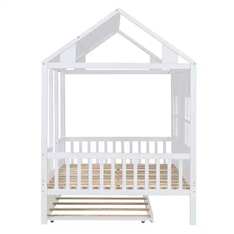 Whisen Letto a Capanna in Legno Full Size con Letto Estraibile Twin Size, Divano Letto in Legno