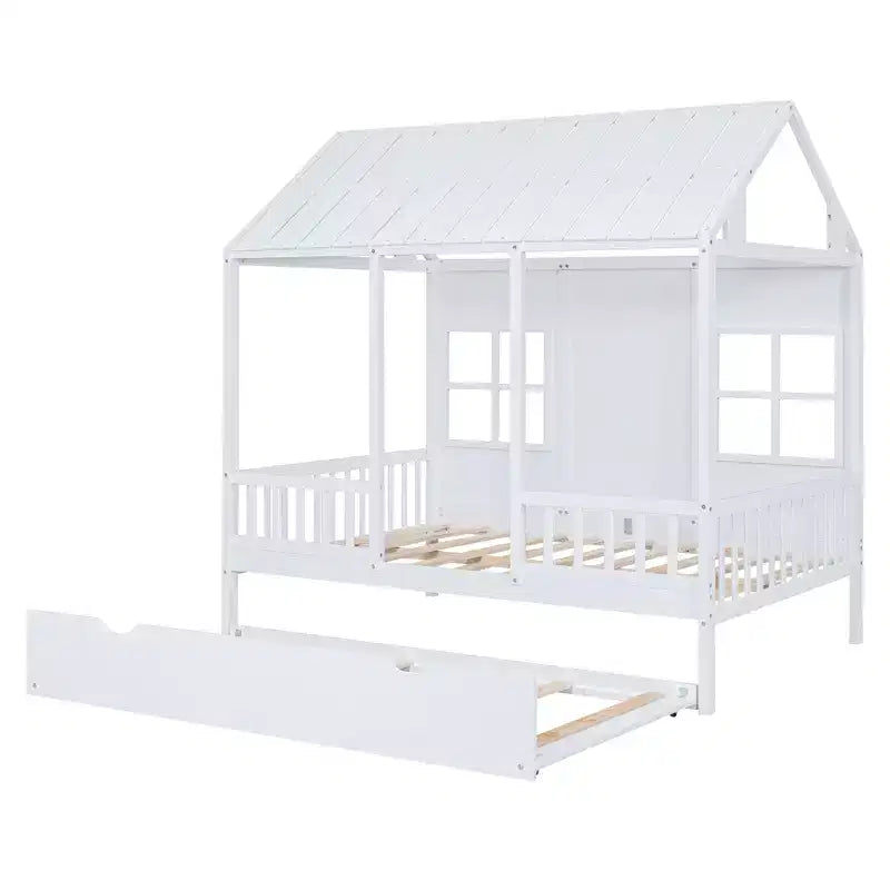 Whisen Letto a Capanna in Legno Full Size con Letto Estraibile Twin Size, Divano Letto in Legno
