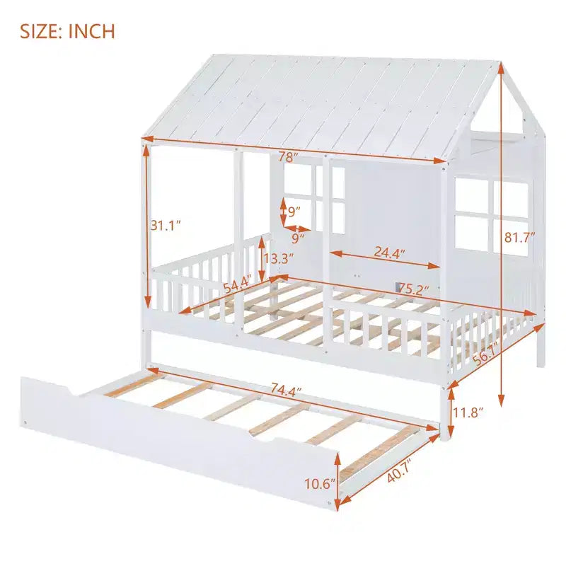 Whisen Letto a Capanna in Legno Full Size con Letto Estraibile Twin Size, Divano Letto in Legno