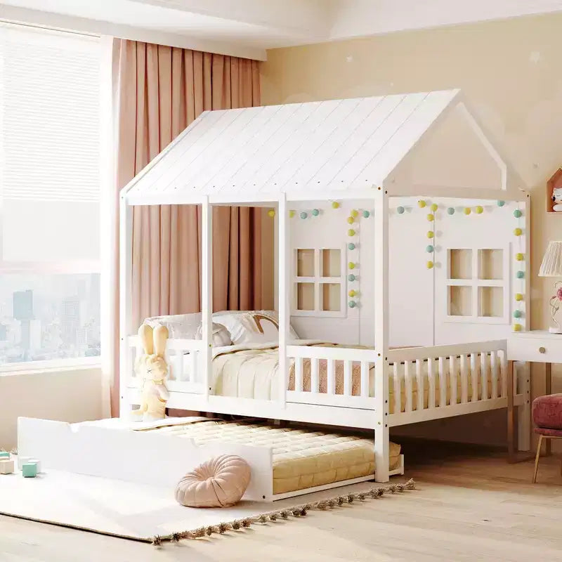 Whisen Letto a Capanna in Legno Full Size con Letto Estraibile Twin Size, Divano Letto in Legno