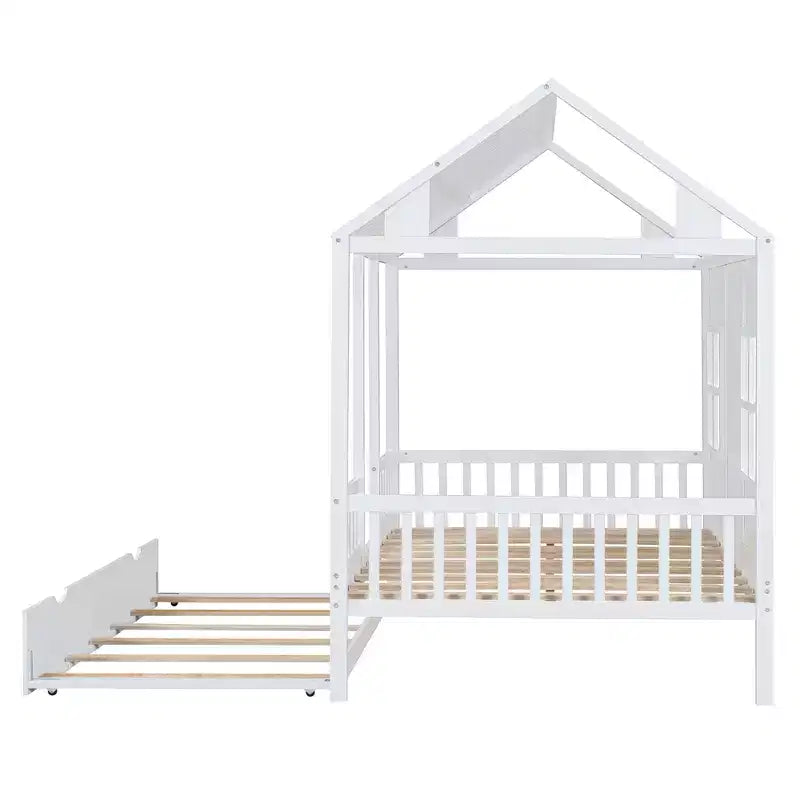 Whisen Letto a Capanna in Legno Full Size con Letto Estraibile Twin Size, Divano Letto in Legno