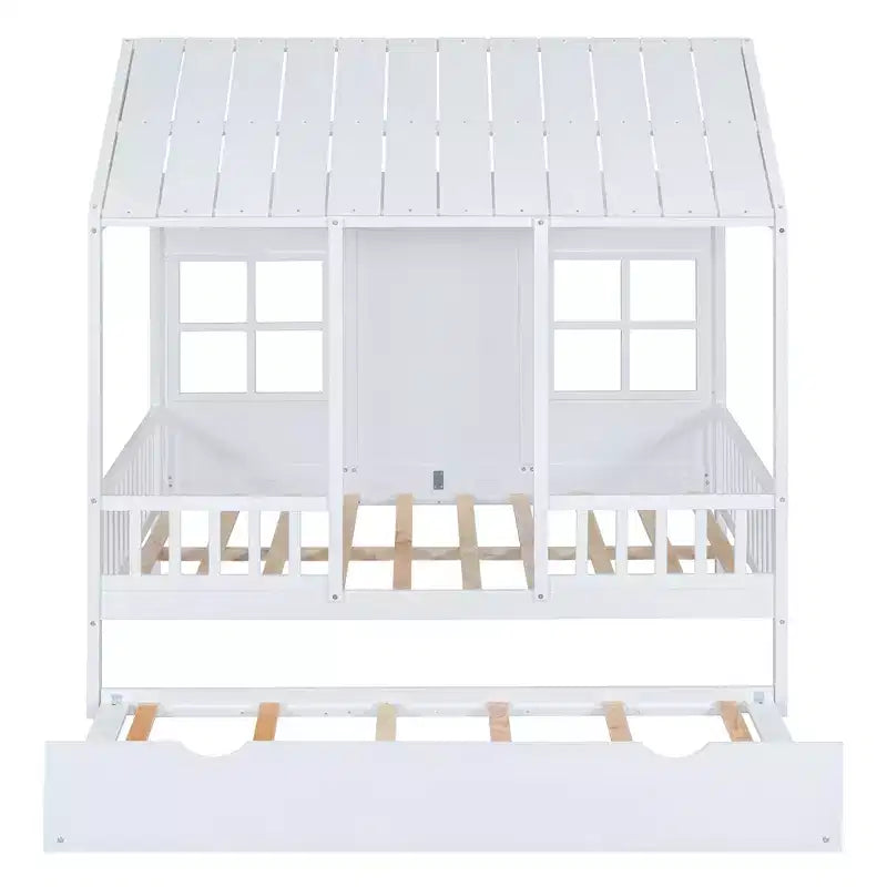 Whisen Letto a Capanna in Legno Full Size con Letto Estraibile Twin Size, Divano Letto in Legno