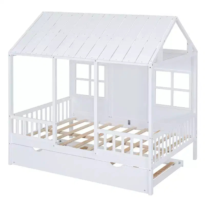 Whisen Letto a Capanna in Legno Full Size con Letto Estraibile Twin Size, Divano Letto in Legno