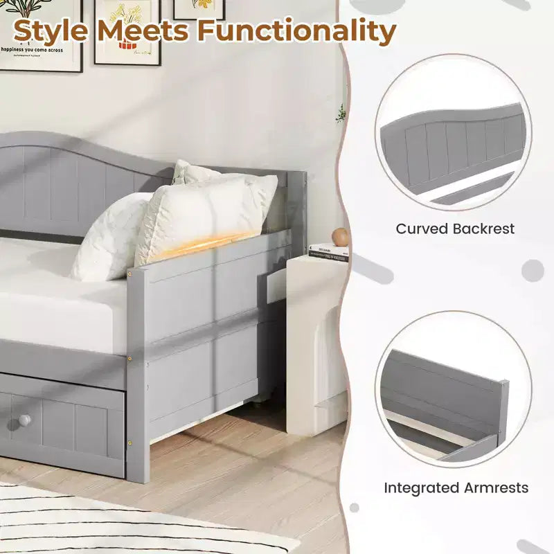 Costway Divano Letto a Una Piazza con Letto Estraibile in Legno Massiccio con Doghe, Letto per Ospiti Bianco/Grigio