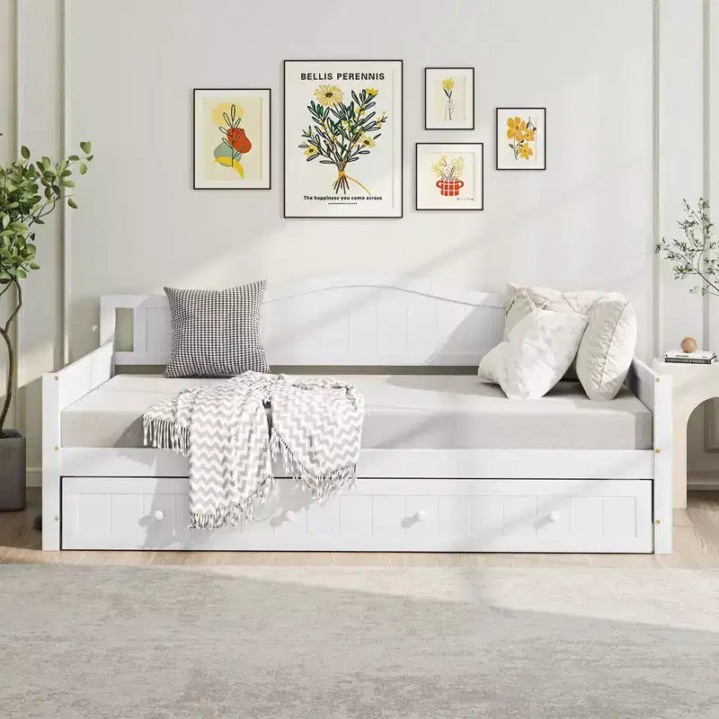 Costway Divano Letto a Una Piazza con Letto Estraibile in Legno Massiccio con Doghe, Letto per Ospiti Bianco/Grigio