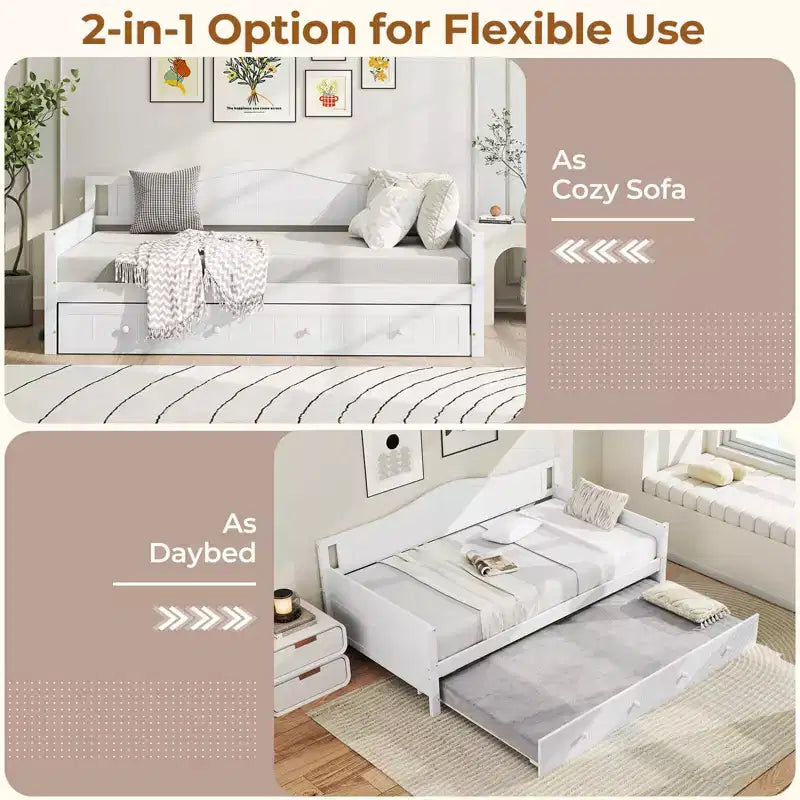 Costway Divano Letto a Una Piazza con Letto Estraibile in Legno Massiccio con Doghe, Letto per Ospiti Bianco/Grigio