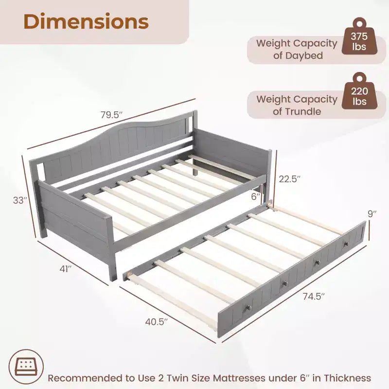 Costway Divano Letto a Una Piazza con Letto Estraibile in Legno Massiccio con Doghe, Letto per Ospiti Bianco/Grigio