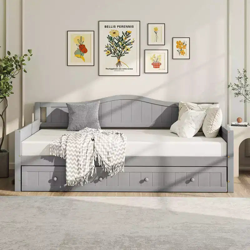 Costway Divano Letto a Una Piazza con Letto Estraibile in Legno Massiccio con Doghe, Letto per Ospiti Bianco/Grigio