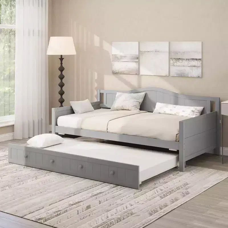Costway Divano Letto a Una Piazza con Letto Estraibile in Legno Massiccio con Doghe, Letto per Ospiti Bianco/Grigio