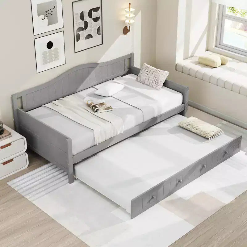 Costway Divano Letto a Una Piazza con Letto Estraibile in Legno Massiccio con Doghe, Letto per Ospiti Bianco/Grigio