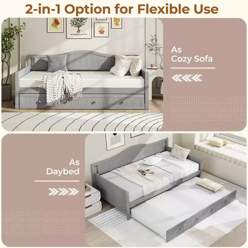 Costway Divano Letto a Una Piazza con Letto Estraibile in Legno Massiccio con Doghe, Letto per Ospiti Bianco/Grigio