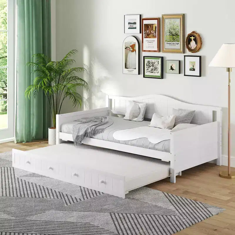 Costway Divano Letto a Una Piazza con Letto Estraibile in Legno Massiccio con Doghe, Letto per Ospiti Bianco/Grigio