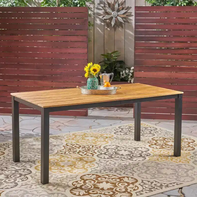 GDFStudio Billie Outdoor 70.75 Acacia Wood and Metal Dining Table, Black and Teak