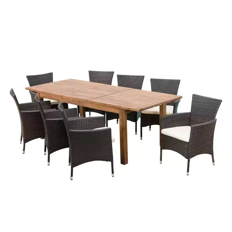 Set da pranzo GDFStudio Kenerson per esterno in 9 pezzi con vimini e legno di acacia e tavolo allungabile, teak/multimarrone