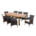 Set da pranzo GDFStudio Kenerson per esterno in 9 pezzi con vimini e legno di acacia e tavolo allungabile, teak/multimarrone
